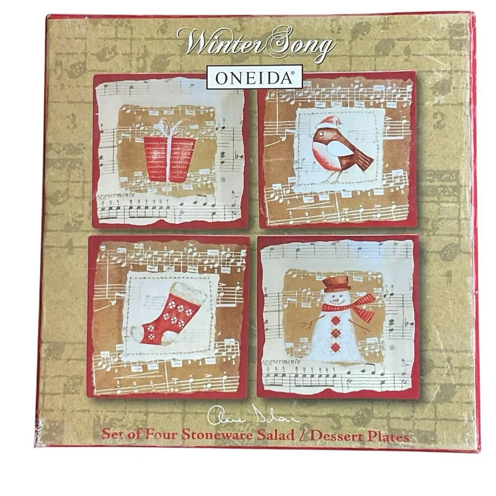 Oneida Winter Song Set Of 4 Salad Or Dessert Plates 8” Boxed Red Music Notes